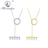 925 Silver Balance Pearl Round Pendant Necklace 7-8mm Pearl Long Chain Choker