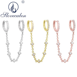 925 Silver DoubleChain Huggie Hoop Earrings Zircon Crystal Piercing Jewelry