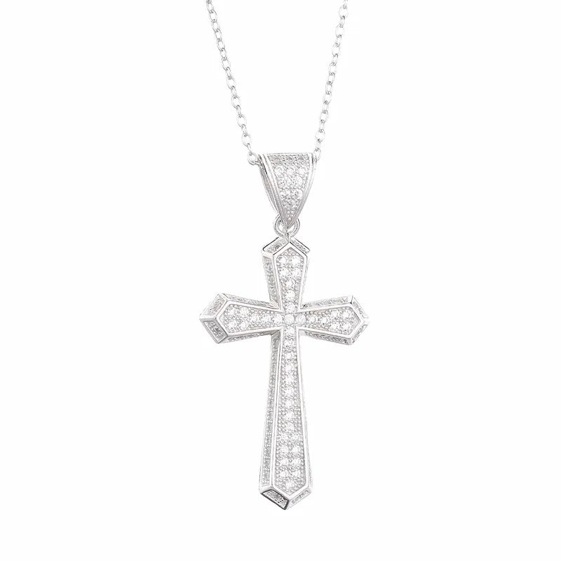 925 Silver Zircon Cross Pendant Necklace, Vintage Punk Crystal Jewelry