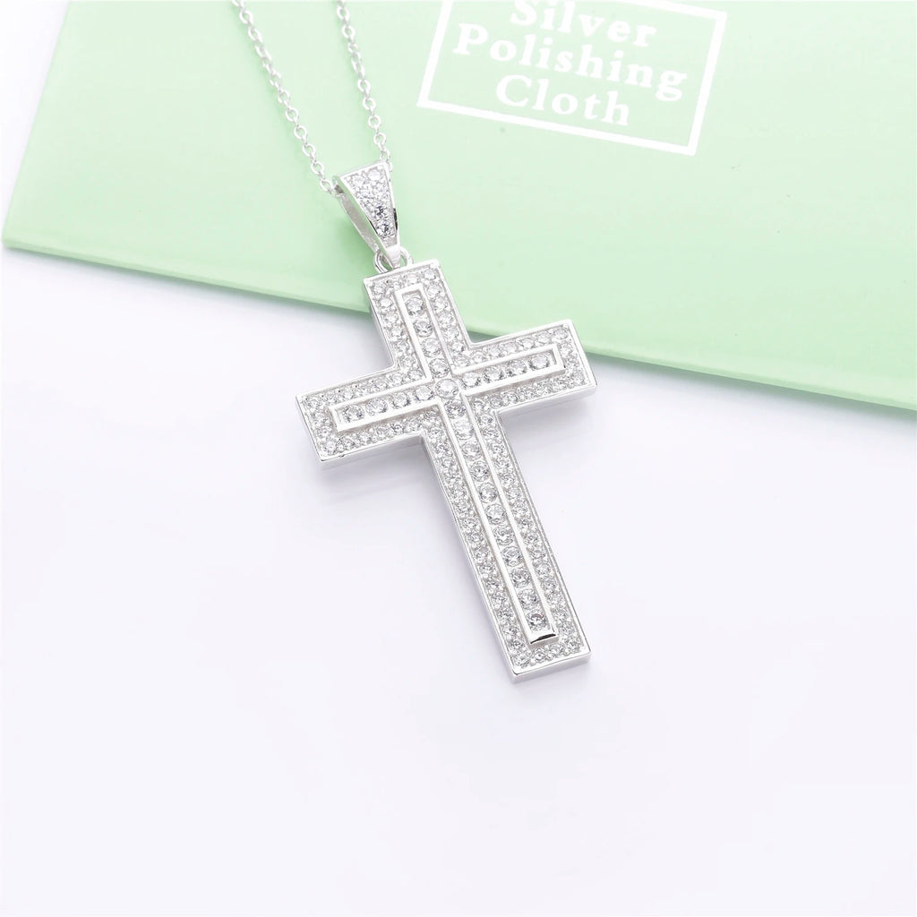 925 Silver Zircon Cross Pendant Necklace, Vintage Punk Crystal Jewelry
