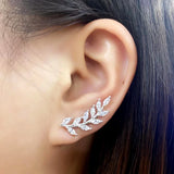 925 Silver Leaves Thread Earrings Women CZ Crystal Clear Fine Jewelry