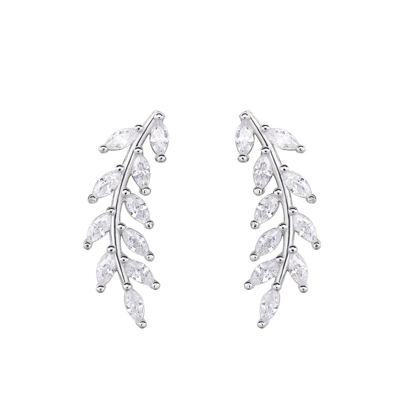 925 Silver Leaves Thread Earrings Women CZ Crystal Clear Fine Jewelry