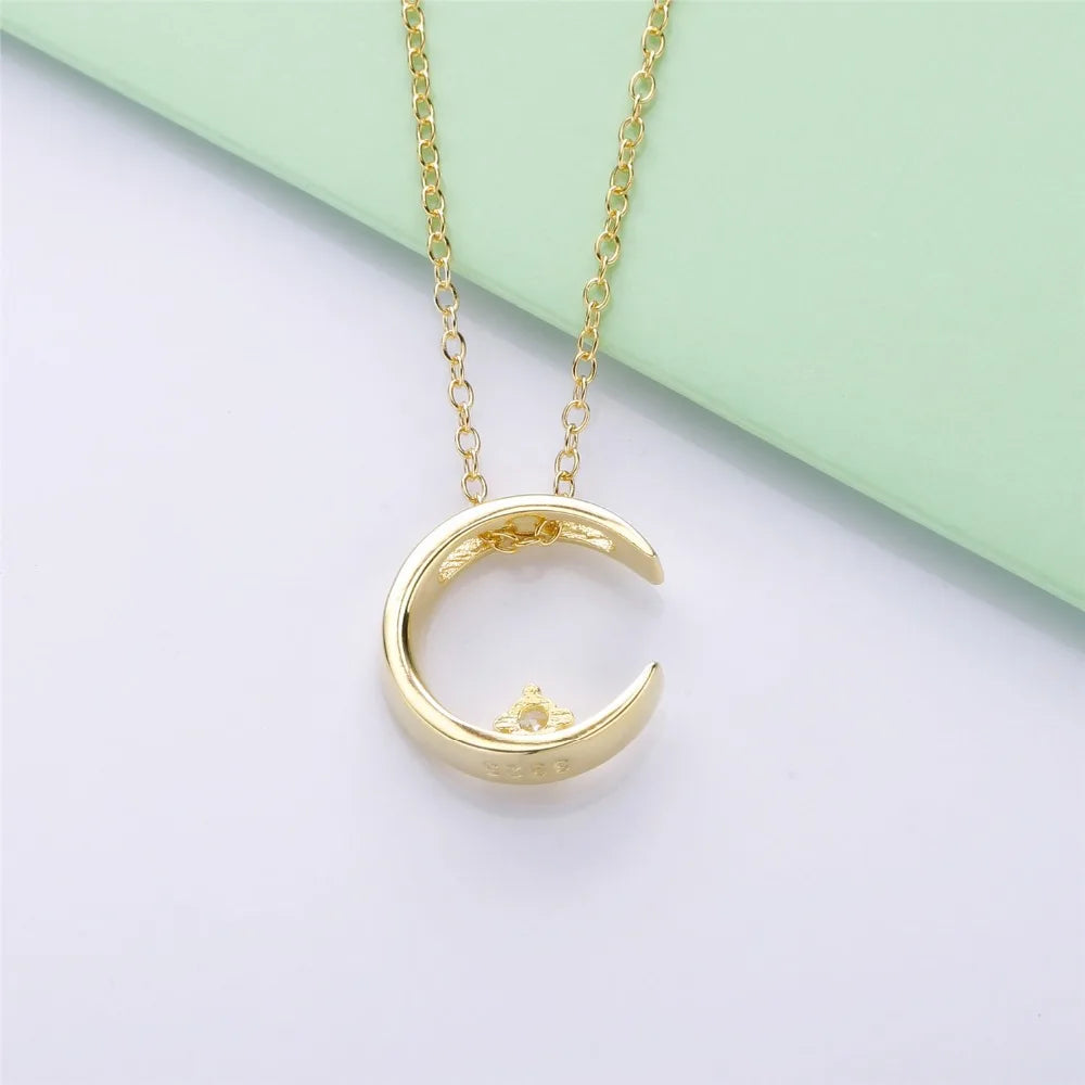 925 Silver Moon Pendant Necklace Hip Pop Jewelry Women Vintage Initial Necklace