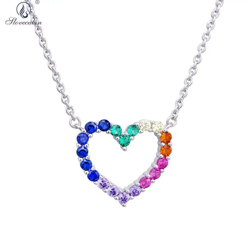 925 Silver Colorful Heart Zircon Pendant Necklace Romantic Jewelry