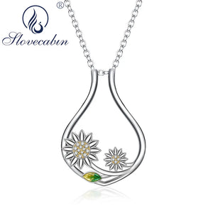 925 Silver Sunflower CZ Ring Holder Necklace Daisy Rotable Choker Chain