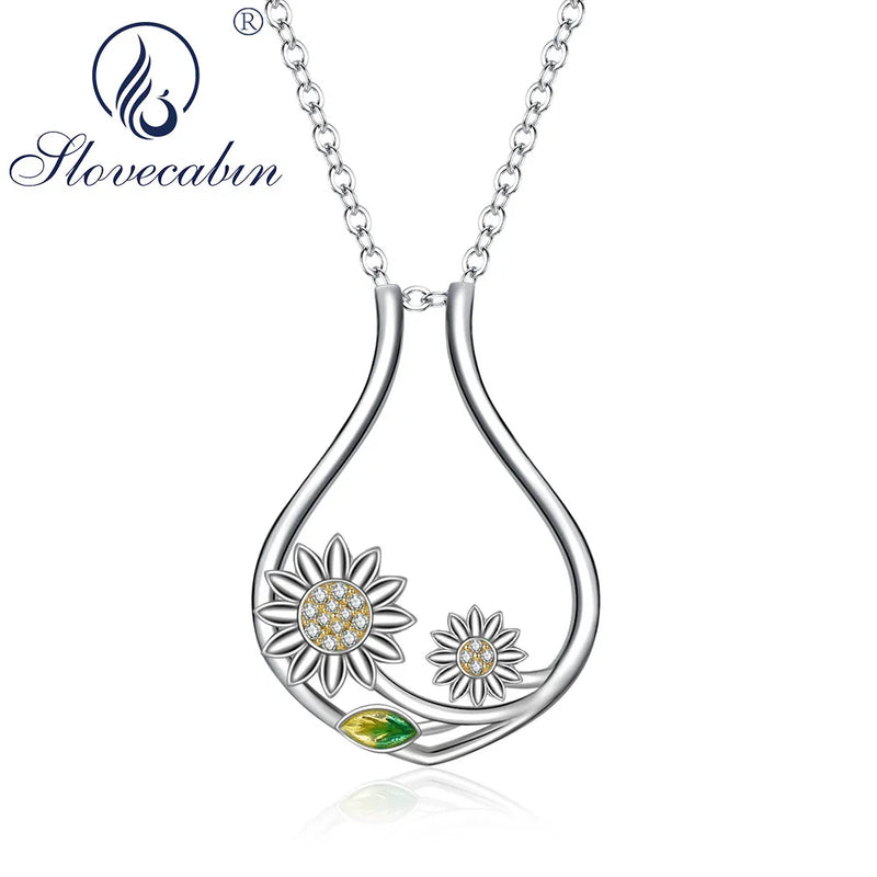 925 Silver Sunflower CZ Ring Holder Necklace Daisy Rotable Choker Chain