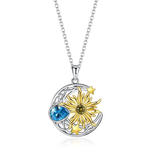 925 Silver Sunflower & Stars Moon Pendant Necklace