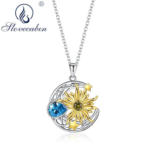 925 Silver Sunflower & Stars Moon Pendant Necklace