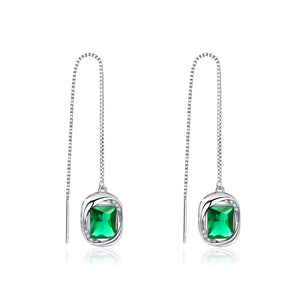 925 Silver Threader Earrings Green CZ Stone Fine Jewelry