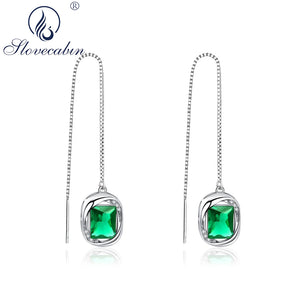 925 Silver Threader Earrings Green CZ Stone Fine Jewelry