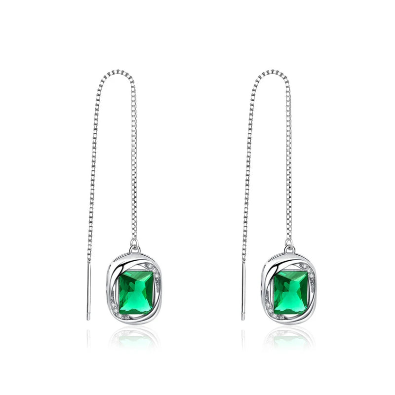 925 Silver Threader Earrings Green CZ Stone Fine Jewelry