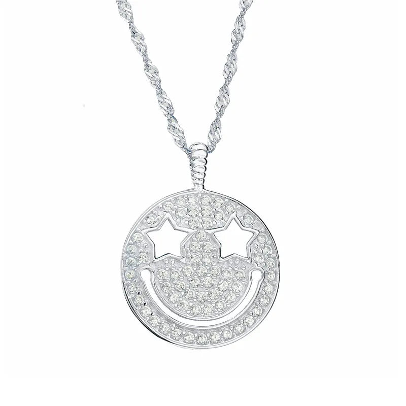 925 Sterling Silver Zircon Lucky Smile Face Pendant Necklace