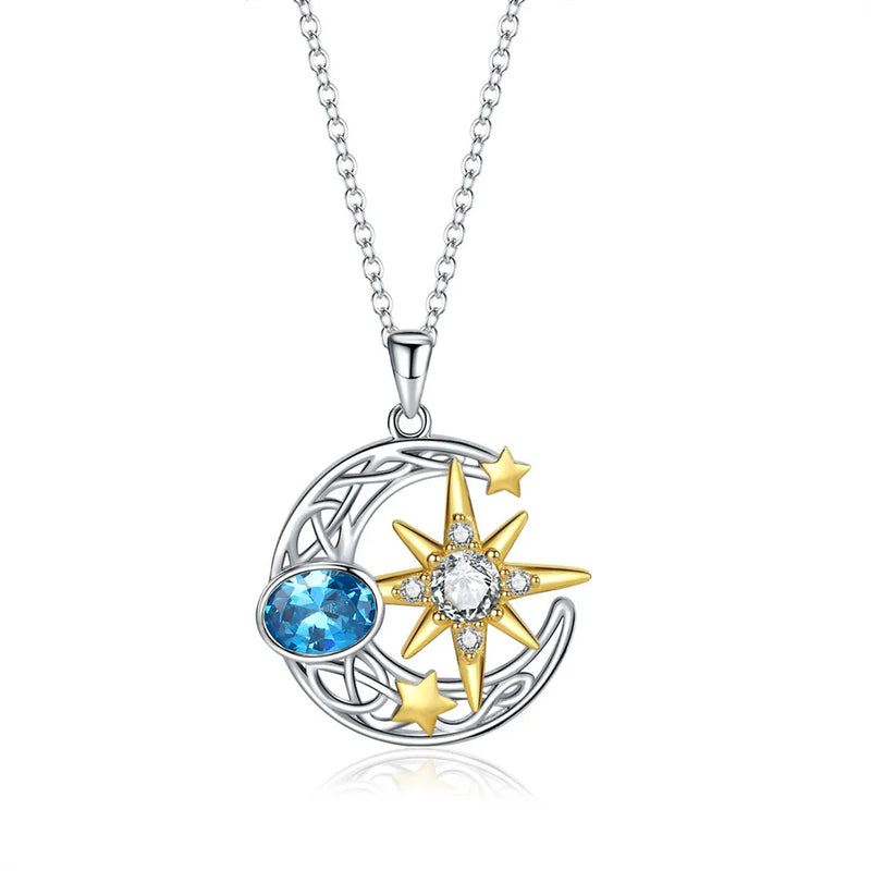 925 Sterling Silver Sun Moon Star Pendant Necklace