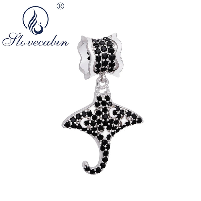 925 Sterling Silver Black Crystal Fish Dangle Charms Beads for Jewelry Making