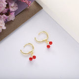 925 Silver Cherry Dangling Hoop Earrings Red Enamel Vintage Piercing Clip On Ear