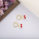 925 Silver Cherry Dangling Hoop Earrings Red Enamel Vintage Piercing Clip On Ear
