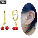925 Silver Cherry Dangling Hoop Earrings Red Enamel Vintage Piercing Clip On Ear