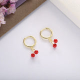 925 Silver Cherry Dangling Hoop Earrings Red Enamel Vintage Piercing Clip On Ear
