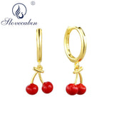 925 Silver Cherry Dangling Hoop Earrings Red Enamel Vintage Piercing Clip On Ear