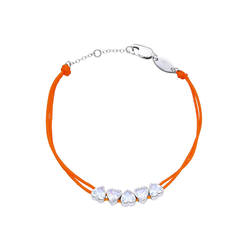 925 Silver Hearts Orange Rope Bracelet Women Jewelry Gift