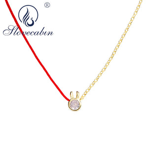 925 Silver Red Rope Chain Rabbit Pendant Choker Necklace With CZ