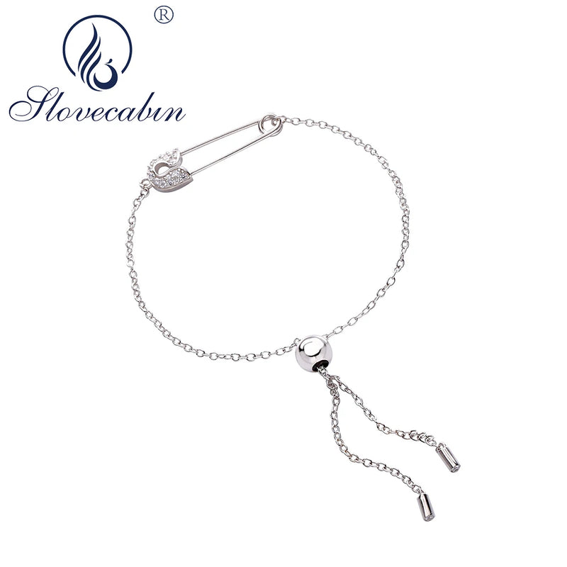 925 Sterling Silver Safety Pin Chain Bracelet for Women