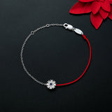 925 Silver Flower Chain Bracelet w/ Red Rope, Women Fine Jewelry