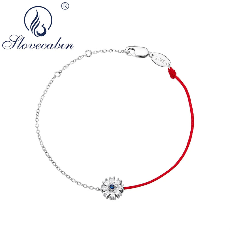 925 Silver Flower Chain Bracelet w/ Red Rope, Women Fine Jewelry