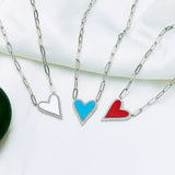 925 Silver Red Enamel Heart CZ Pendant Necklace with Paperclip Chain