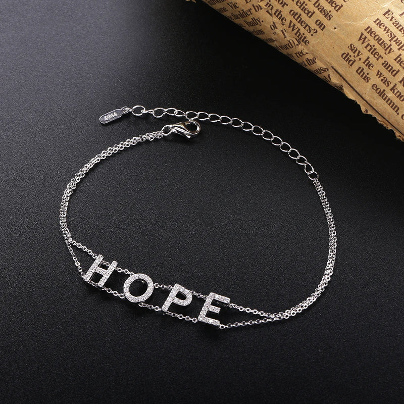 925 Sterling Silver Hope Charms 2-Row Chain Link Bracelet w/ Clear CZ Bijoux