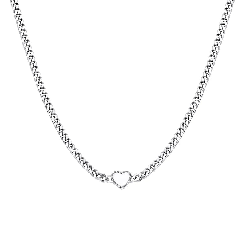 925 Silver White Enamel Heart Cuban Link Chain Necklace Women Gift