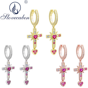 925 Sterling Silver Cross Dangle Earrings Crystal Heart Arete Jewelry Gift