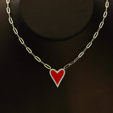 925 Silver Enamel Heart CZ Necklace on Paperclip Chain
