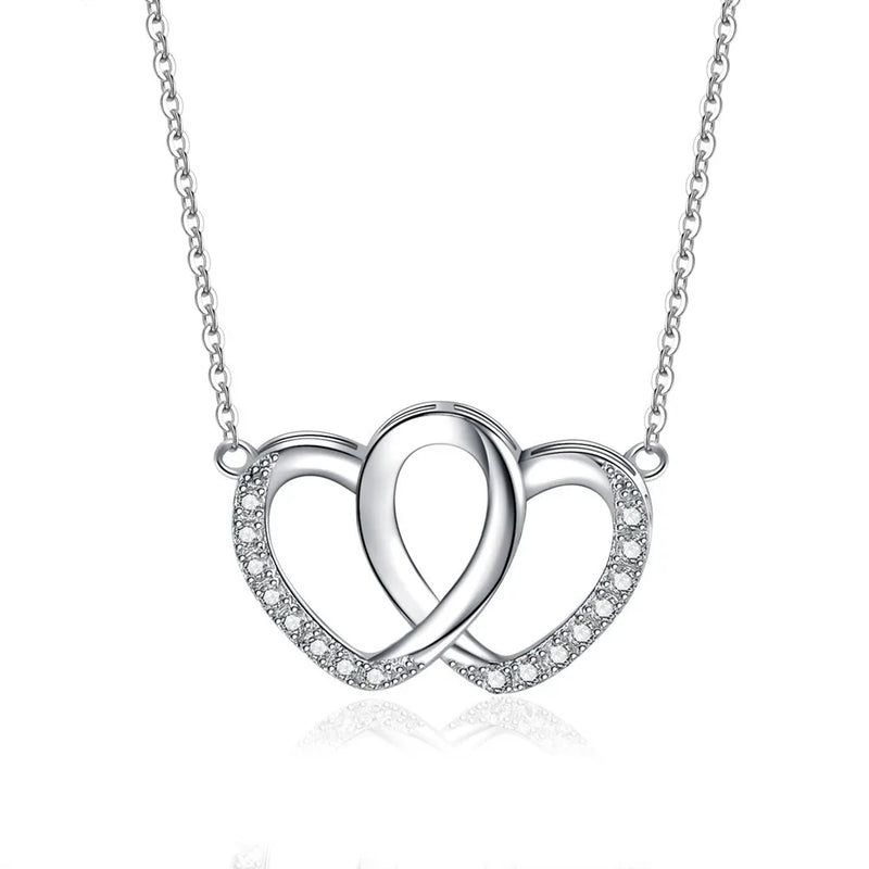 925 Silver Double Heart Pendant Necklace With CZ - Valentine's Gift