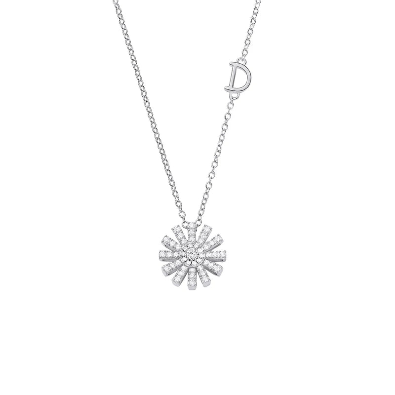 925 Silver Letter D CZ Flowers Necklace Collar Chain Jewelry
