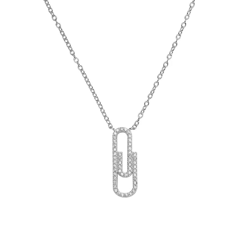 925 Sterling Silver Paper Clip Dangle Pendant Necklace Clear CZ Choker Collar