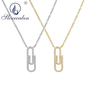925 Sterling Silver Paper Clip Dangle Pendant Necklace Clear CZ Choker Collar