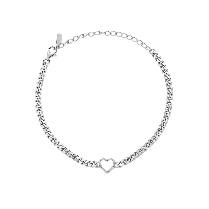 925 Silver Heart Cuban Link Chain Bracelet for Women