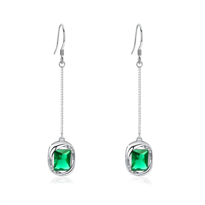Romantic 925 Silver Green Square Drop Earrings For Women