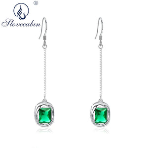 Romantic 925 Silver Green Square Drop Earrings For Women