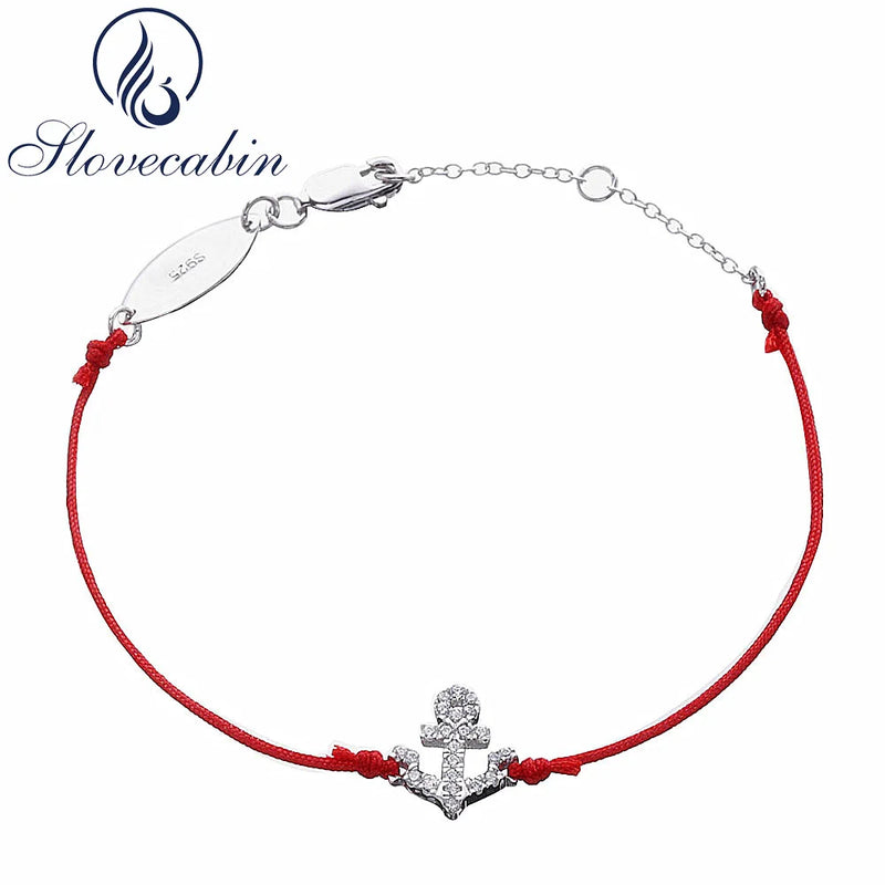 925 Silver Red Rope Anchor Bracelet Friendship Crystal Zircon Lucky Armband