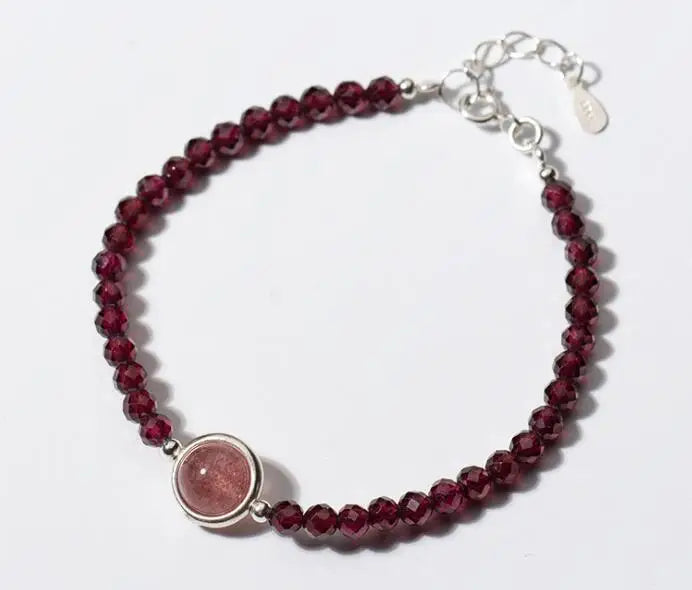 925 Silver Red Garnet & Rose Quartz Stone Bracelet