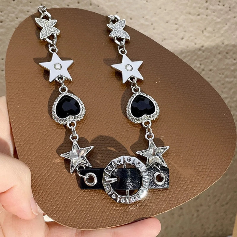 Love Butterfly Star Rhinestone Leather Necklace Choker