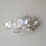 Ceramic Floral Bridal Comb Silver Leaf Hair Piece