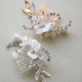 Ceramic Floral Bridal Comb Silver Leaf Hair Piece