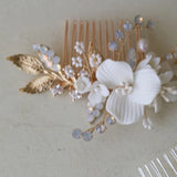 Ceramic Floral Bridal Comb Silver Leaf Hair Piece