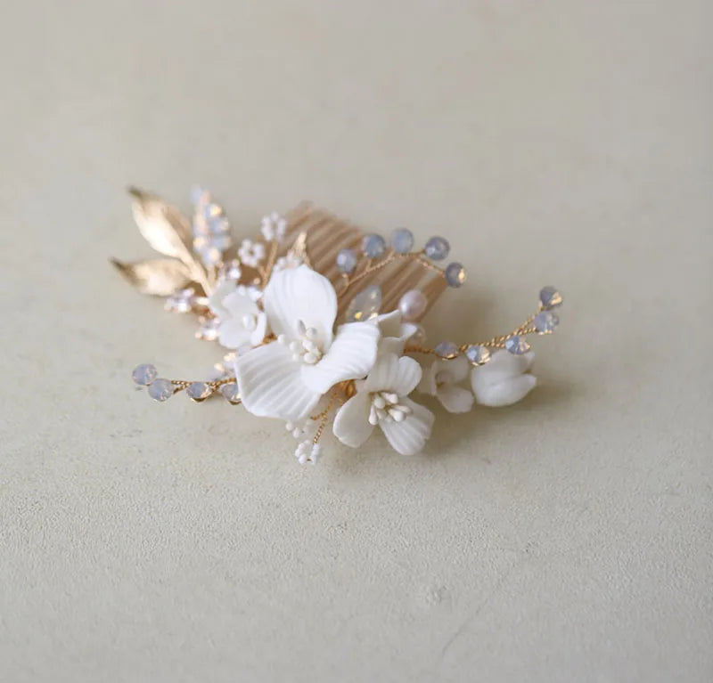 Ceramic Floral Bridal Comb Silver Leaf Hair Piece