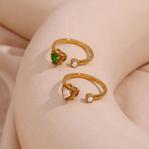 Adjustable Double Heart Zircon Ring Stainless Steel