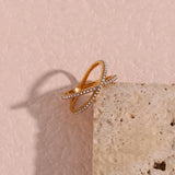 Dainty Pearl X Cross Shape Plated Finger Ring Stainless Steel