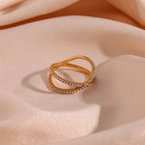 Dainty Pearl X Cross Shape Plated Finger Ring Stainless Steel